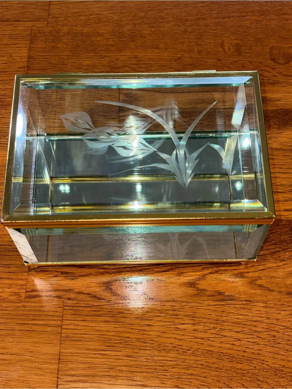 Vintage Etched Glass Trinket Jewelry Box Glass Bottom Beveled Edge Gold Trim